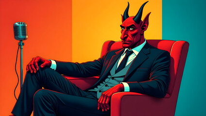 An elegant devil journalist blogger sits in a chair in front of a microphone and hosts a program about hellish life.