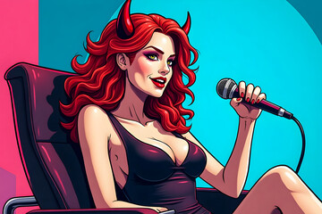 An elegant devil journalist blogger, a pretty woman, sits in a chair in front of a microphone and hosts a program about hellish life.