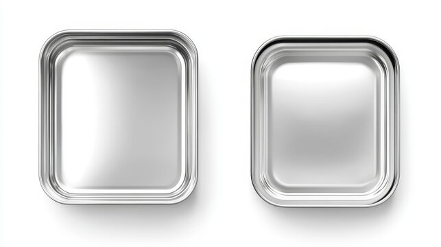 Aluminium tin can for sardine in top view. Vector realistic mockup of rectangle metal containers for fish and tuna. Empty conserve box with open and closed lid isolated on white background