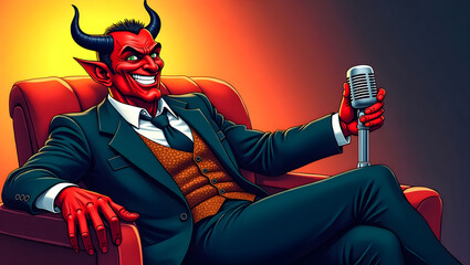 An elegant devil journalist blogger sits in a chair in front of a microphone and hosts a program about hellish life.