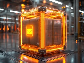 Futuristic Glowing Parcel Box with Holographic Tracking Details in High Tech Delivery Hub