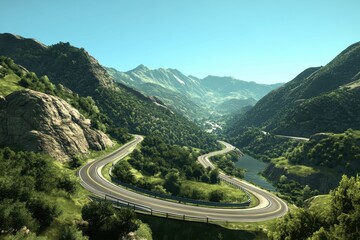 Fototapeta premium Winding road through lush green mountains under a clear blue sky in a tranquil landscape