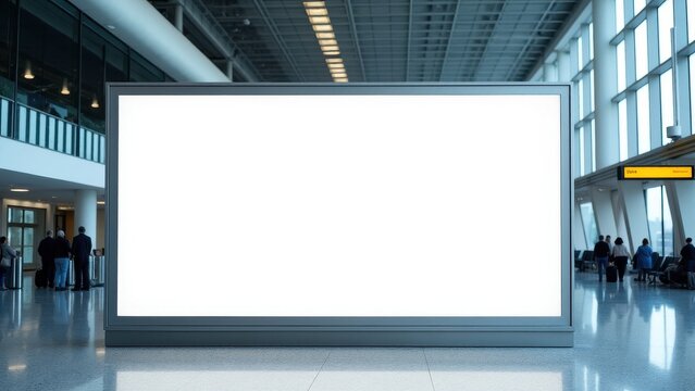 Blank airport billboard mockup in a modern terminal with people in the background.