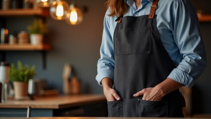 A person wearing a black apron mockup in a cozy, well-lit kitchen setting.