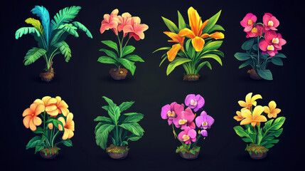 House plants and flowers in pots for home interior decoration. Vector cartoon set of flowers with green leaves and blossoms in planters, palm tree, dracaena and orchid isolated on white background