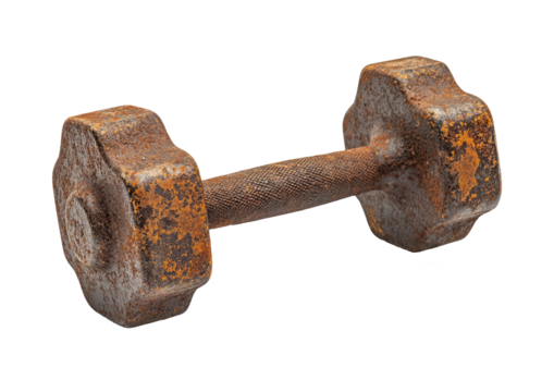 A rusty iron dumbbell with patina. Vintage look, perfect for rustic gym decor or nostalgic workouts. Isolated on transparent background