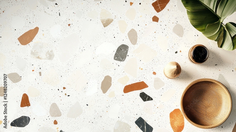 Poster Delicate white terrazzo pattern features warm earthy tones and soft colors, creating a calming backdrop. Perfect for contemporary decor, it enhances the tranquility of any area