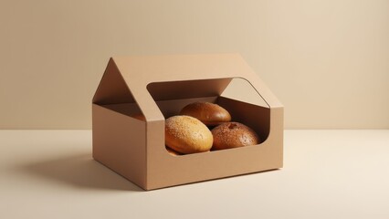 A bakery box mockup containing four assorted buns, showcasing a simple and elegant packaging design.