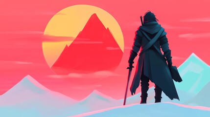 Lone warrior stands against the backdrop of a stylized sunrise in a mountainous landscape blending fantasy and serene aesthetics