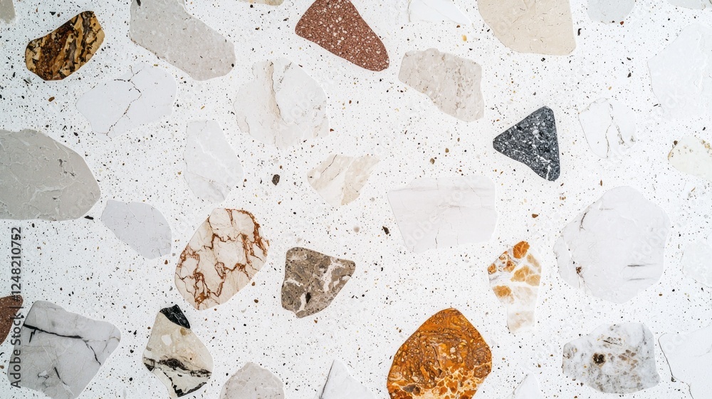 Poster This terrazzo design showcases a rich array of earthy tones and soft colors, creating a sophisticated ambiance. Ideal for enhancing contemporary spaces with a neutral backdrop