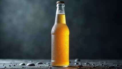 A beer bottle mockup with condensation droplets on the surface, standing on a wet surface with a dark, blurred background.