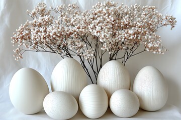 This image showcases a dynamic Easter tableau with an artfully arranged collection of hand-painted eggs and subtle decorative accents, all set on a bright white background. The eggs, featuring 