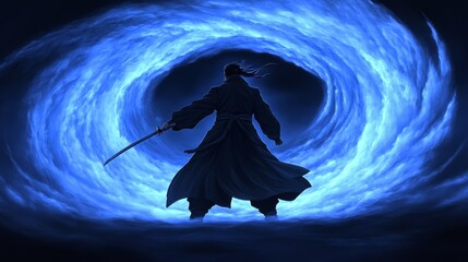 Warrior in swirling blue vortex wields katana embodying strength & mystery The atmospheric depth evokes power control and otherworldly journey