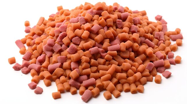 A small pile of round consistent texture fish food pellets arranged on a plain white background emphasizing the clean minimalist appearance of the aquatic product