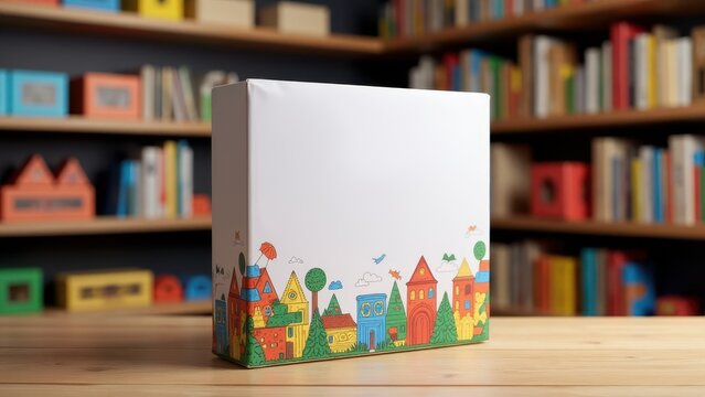 Board game mockup with colorful illustrations of houses and trees on the box, set against a background of bookshelves.