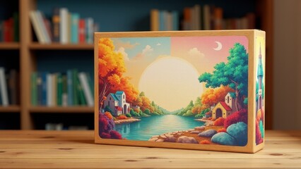 A colorful board game mockup featuring a serene riverside village with vibrant autumn trees and a large sun setting in the background.