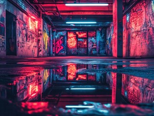 Obraz premium Graffiti alley reflection, neon lights, urban night, grunge background; album art