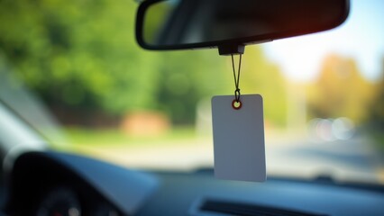 Car air freshener mockup hanging from the rearview mirror inside a vehicle, with a blurred background of greenery outside.