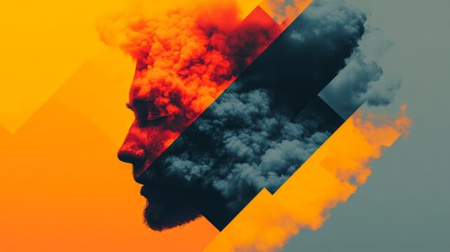 A striking portrait uses divided color palettes and cloud-like textures to create a thought-provoking exploration of duality and contrast