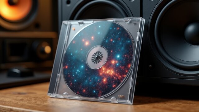 CD case mockup featuring a disc with a galaxy design, placed in front of speakers.