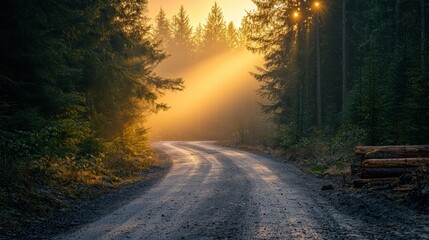 Obraz premium Misty forest road sunrise; logging background; travel imagery