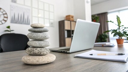 Fototapeta premium Office Zen: Balancing Stones and Productivity in a Modern Workspace