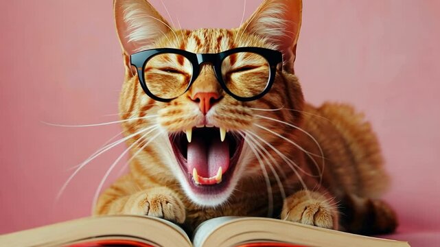 Ginger cat in glasses is screaming in panic while lying on an open book, minimalistic pink background. Stress and anxiety related to exam preparation. Academic pressure and last-minute cramming