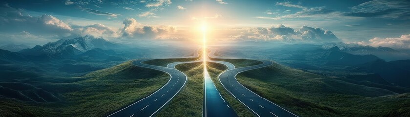 A futuristic road splitting into multiple paths but leading to the same bright future, depicting different perspectives converging in progress