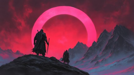 Two cloaked warriors stand on a mountain peak under the glow of a massive crimson ring in the sky a dark and mysterious presence