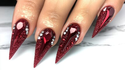 Stunning red stiletto nails adorned with sparkling glitter and rhinestones, showcasing an elegant and bold manicure style.