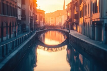 Fototapeta premium Sunset over tranquil canal reflecting charming architecture in a historic Italian city