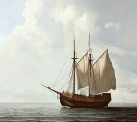 Classic Sailing Vessel Navigating Calm Ocean Under Cloudy Sky in Nautical Art Style Rendered Painting