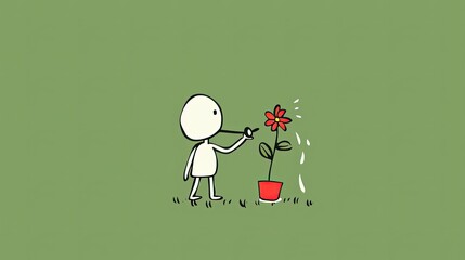 A stick figure watering a plant