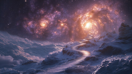 Alien planet fantasy landscape.  galaxy and stars shining in the sky.
