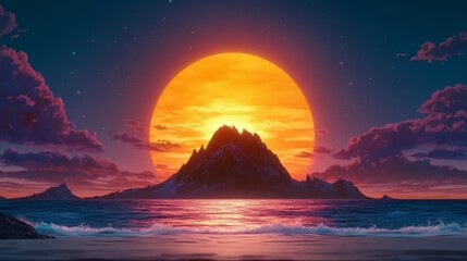 Ocean scenery with distant mountain sunset and clouds creates a serene and majestic landscape casting vibrant hues across the sky and water