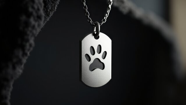 A dog tag mockup featuring a paw print cutout, hanging from a chain against a dark background.