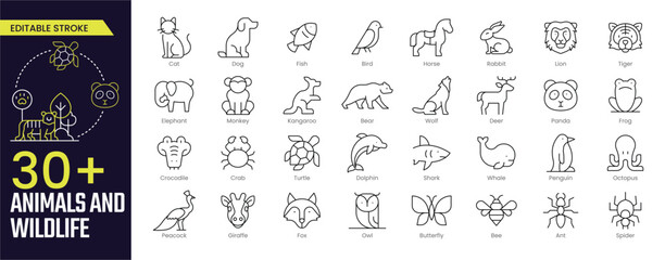 Animals and Wildlife Stroke icon collections. Containing Cat, Rabbit, Bird, Lion, Tiger, Frog, Turtle, Fox, Peacock, Elephant, and more icons. Editable Stroke icon collection Outline icon