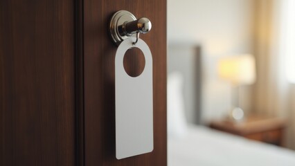 A door hanger mockup on a wooden door with a blurred background of a hotel room.