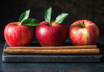 Fresh Red Apples with Green Leaves and Cinnamon Sticks on a Dark Slate Background for Seasonal and Culinary Themes