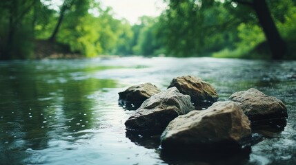 Fototapeta premium Calm river rocks, tranquil forest background; nature scene