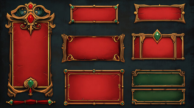 Red medieval ui game menu elements, buttons, banners with ornate rims and green gems. Empty royal gui bars for rpg or arcade, decorated borders web design interface Cartoon 3d vector illustration, set