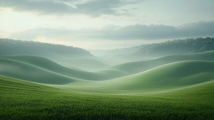 Obraz premium Misty morning sunrise over rolling green hills