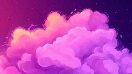 A dreamy stylized illustration of pink and purple clouds floating against a dark starry night sky radiating a sense of calm and wonder