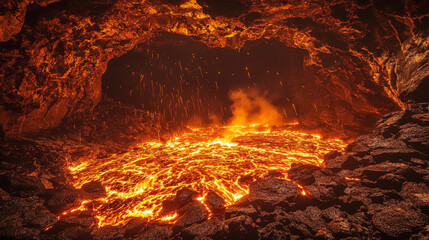 Cave with lava, underground nature landscape with glowing magma in cracked land and sparks. Hell infernal scene with stones, rocks, panoramic game background, wallpaper, Cartoon vector illustration