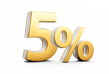 Shiny Golden 5% Five Percent Sign With Sleek Metallic Gleam On White Background 3D Illustration
