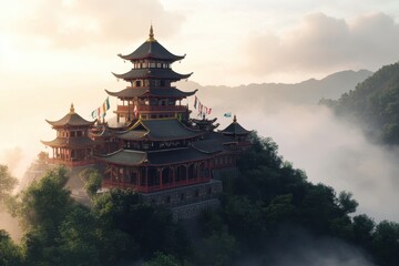 Majestic mountain temple shrouded in mist during dawn offers a serene glimpse into ancient architectural beauty and nature's embrace