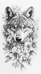 Ethereal Wolf Portrait in Graphite with Floral Accents Gentle Serenity and Wild Beauty Combined