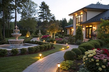 Obraz premium Elegant Estate: Luxurious Home with Manicured Gardens and Water Fountain