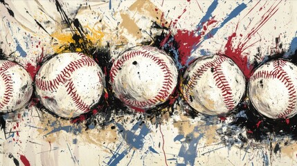 Five Baseball Spheres in Abstract Splatter Style Sporty Artistic Expression Background Composition
