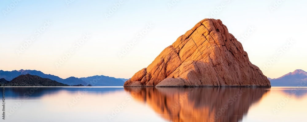 Poster a serene landscape featuring a large rock formation reflected in calm water, surrounded by distant m